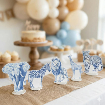 Blue Toile Safari Animals Double-Sided Table Centerpieces Set 5, Jungle Baby Shower, Nursery Decor, Table Decor, Birthday Decorations