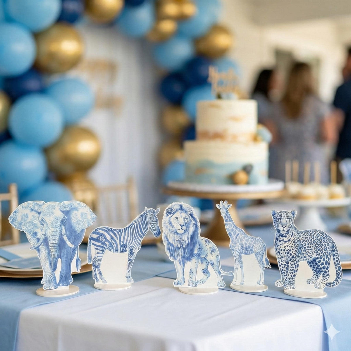 Blue Toile Safari Animals Double-Sided Table Centerpieces Set 5, Jungle Baby Shower, Nursery Decor, Table Decor, Birthday Decorations