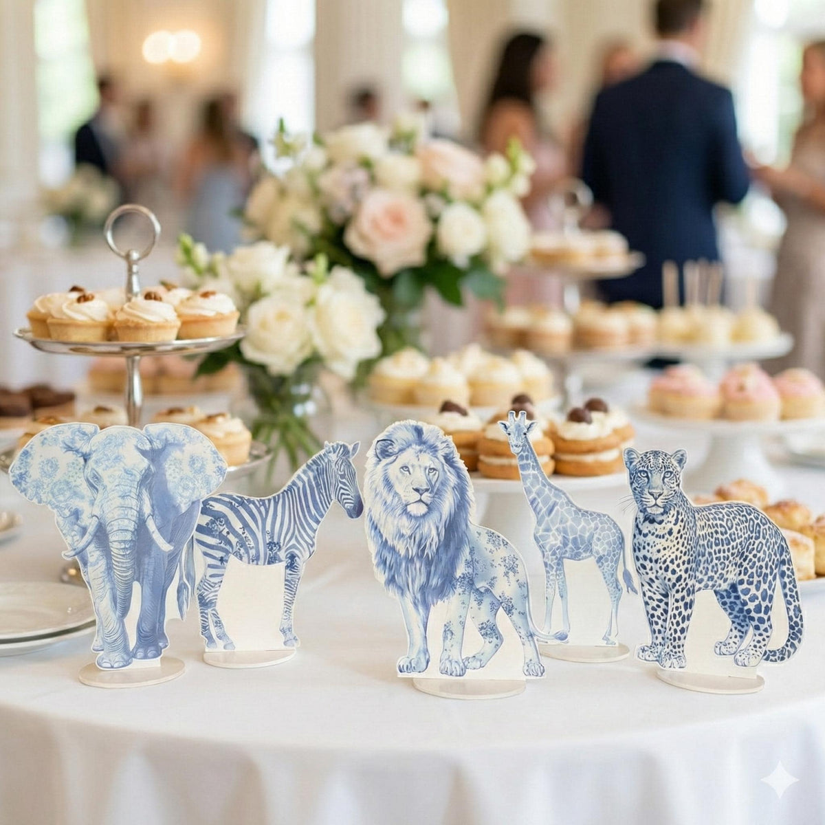 Blue Toile Safari Animals Double-Sided Table Centerpieces Set 5, Jungle Baby Shower, Nursery Decor, Table Decor, Birthday Decorations