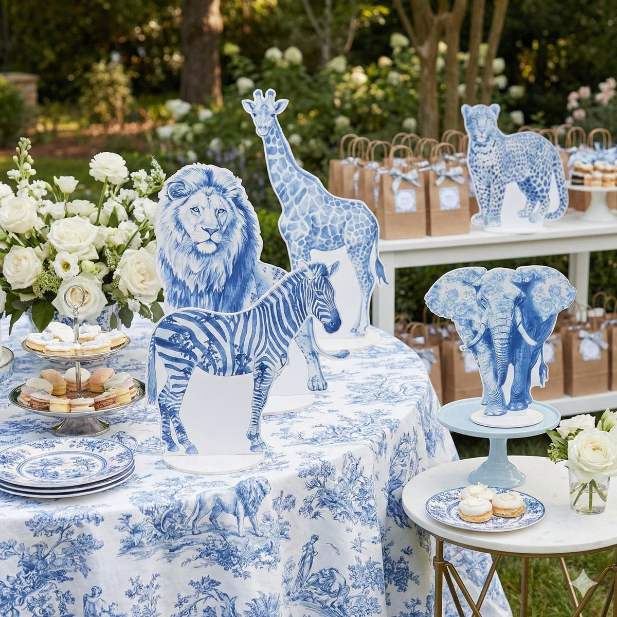 Blue Toile Safari Animals Double-Sided Table Centerpieces Set 5, Jungle Baby Shower, Nursery Decor, Table Decor, Birthday Decorations