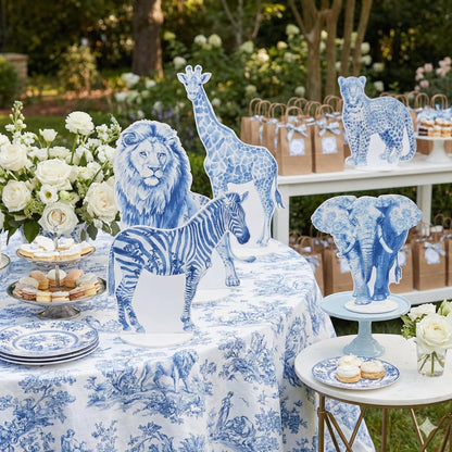 Blue Toile Safari Animals Double-Sided Table Centerpieces Set 5, Jungle Baby Shower, Nursery Decor, Table Decor, Birthday Decorations
