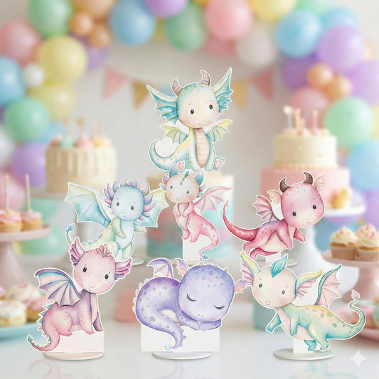 Pastel Baby Dragons Double-Sided Table Centerpieces Set 7 — custom party decor, printed and cut to shape