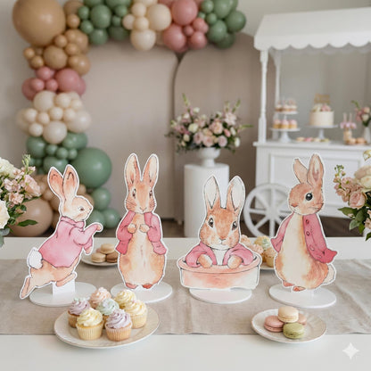 Pink Garden Bunny Double-Sided Table Centerpieces Set 4, Bunny Baby Shower, Nursery Decor, Table Decor, Birthday Decorations