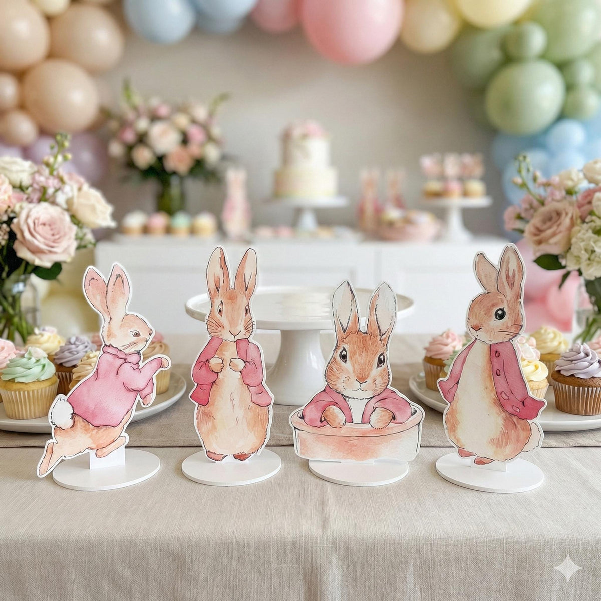 Pink Garden Bunny Double-Sided Table Centerpieces Set 4, Bunny Baby Shower, Nursery Decor, Table Decor, Birthday Decorations