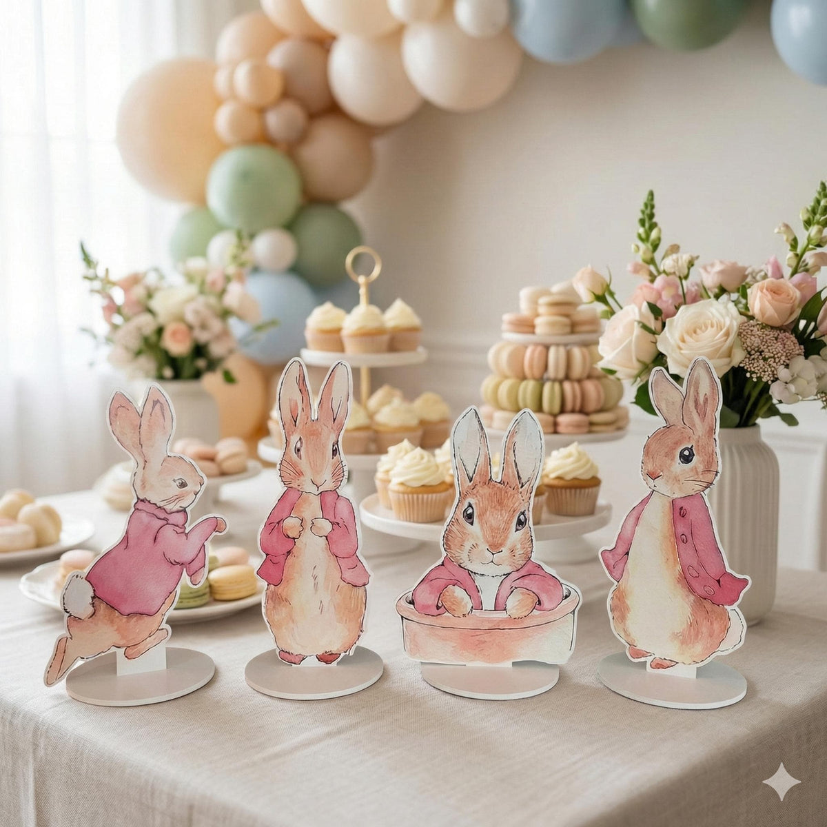 Pink Garden Bunny Double-Sided Table Centerpieces Set 4, Bunny Baby Shower, Nursery Decor, Table Decor, Birthday Decorations