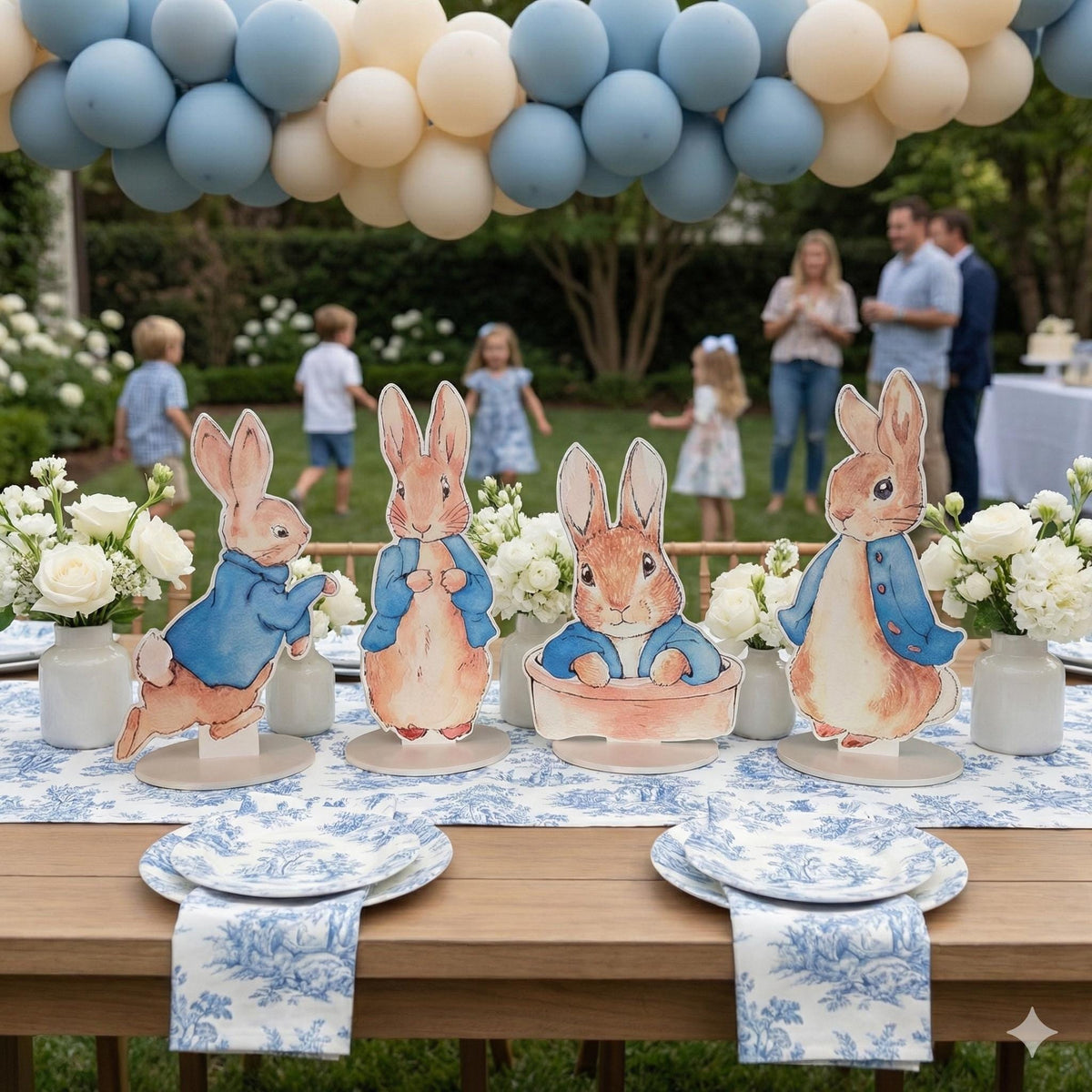 Blue Garden Bunny Double-Sided Table Centerpieces Set 4, Bunny Baby Shower, Nursery Decor, Table Decor, Birthday Decorations