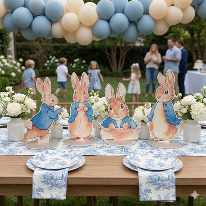 Blue Garden Bunny Double-Sided Table Centerpieces Set 4, Bunny Baby Shower, Nursery Decor, Table Decor, Birthday Decorations