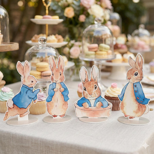 Blue Garden Bunny Double-Sided Table Centerpieces Set 4 — custom party decor, printed and cut to shape