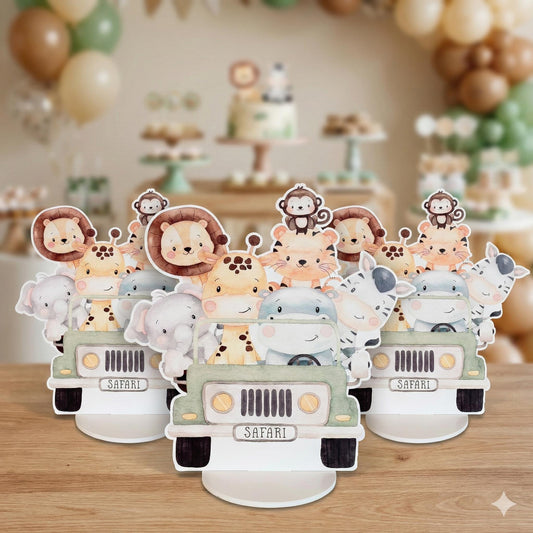 Safari Animals Truck Double-Sided Table Centerpieces — custom party decor, printed and cut to shape