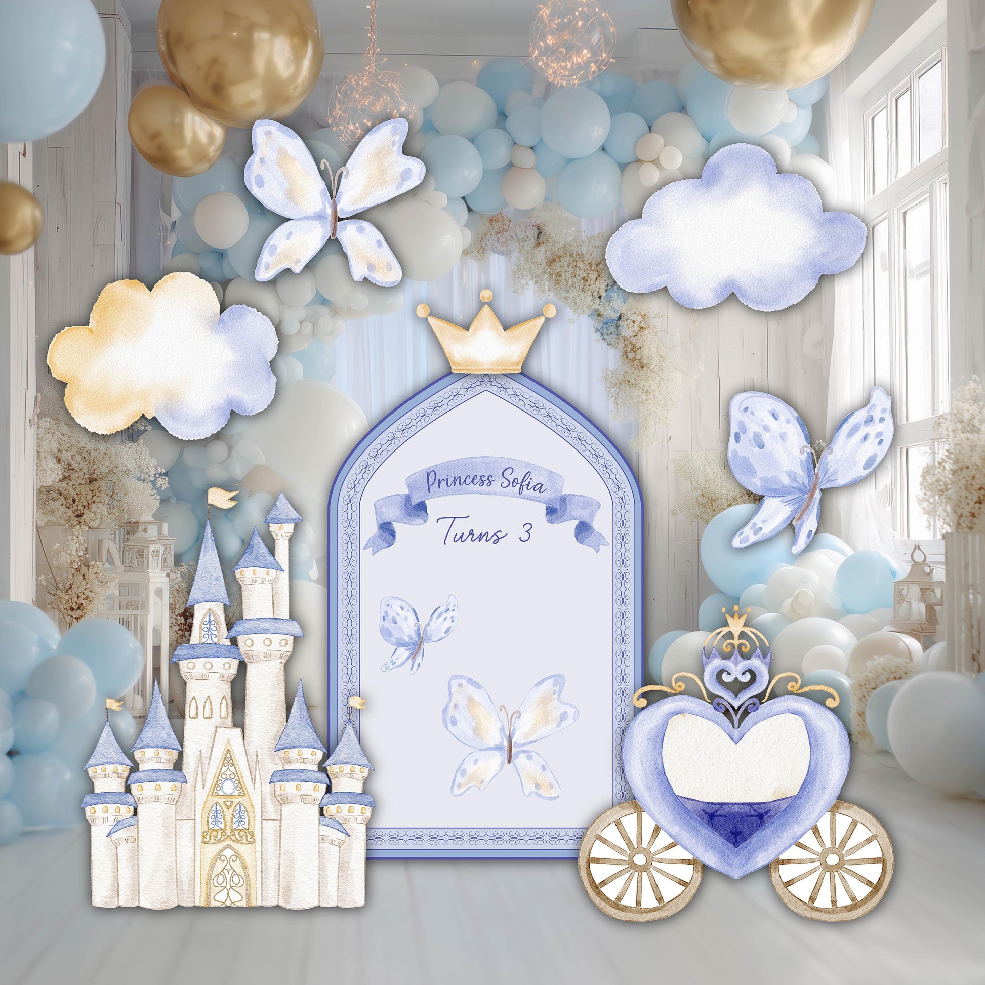 Blue Baby Princess Cutout, Storybook Baby Shower, 1st Birthday, Girls Birthday, Castle, Princess Carriage, Fairytale