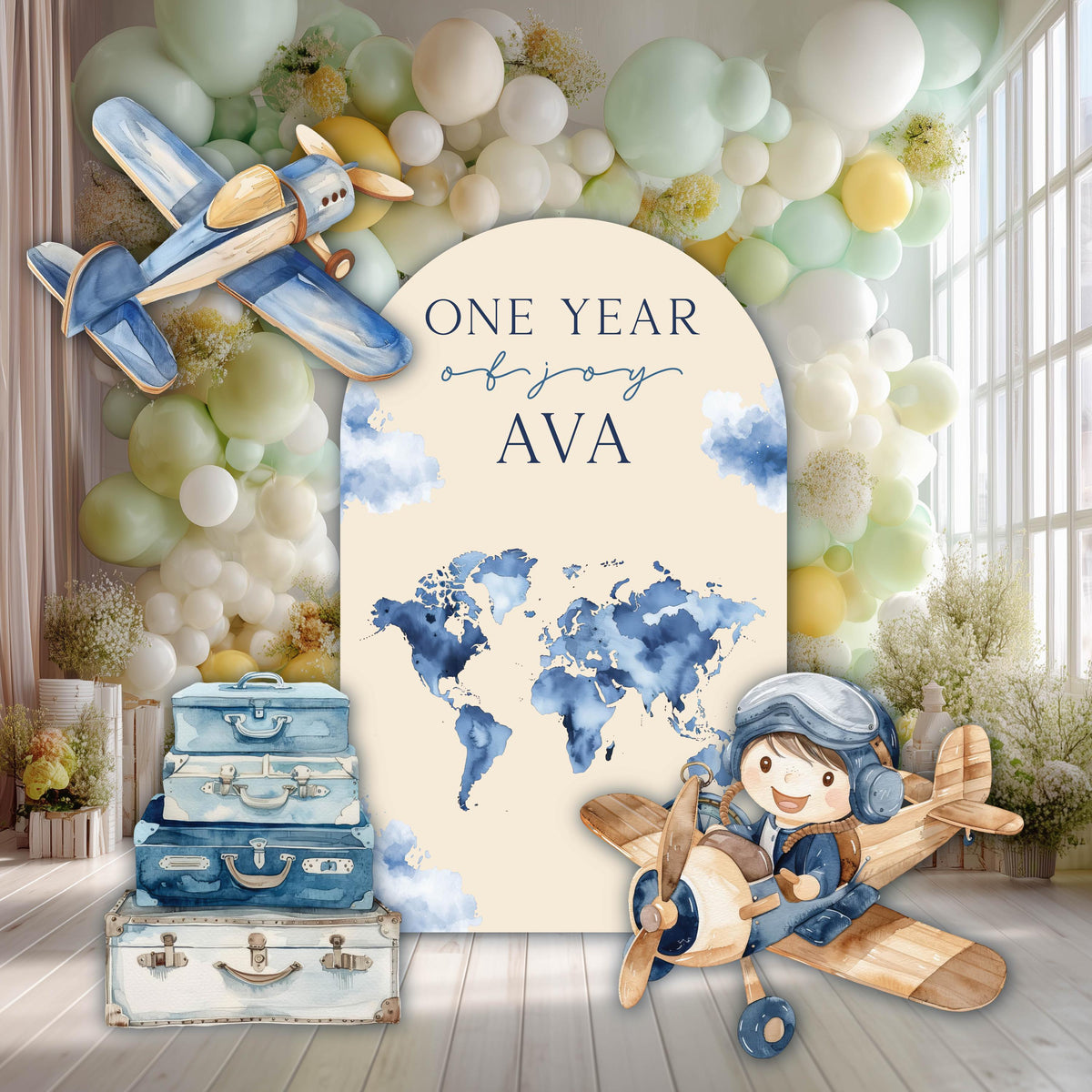 Blue Aviator Cutout (World Map Arch), Time flies, Adventure Baby Shower, Hot Air Balloon, Airplane Backdrop, Birthday Decor, Baby Boy, Centerpieces