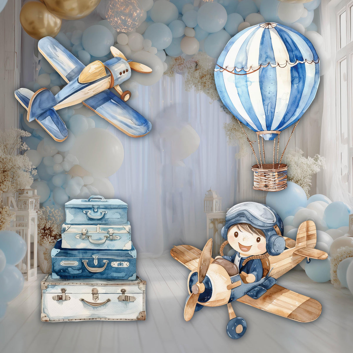 Blue Aviator Cutout (Two Planes), Time flies, Adventure Baby Shower, Watercolor Hot Air Balloon, Airplane Backdrop, Birthday Decor,Baby Boy,Centerpieces