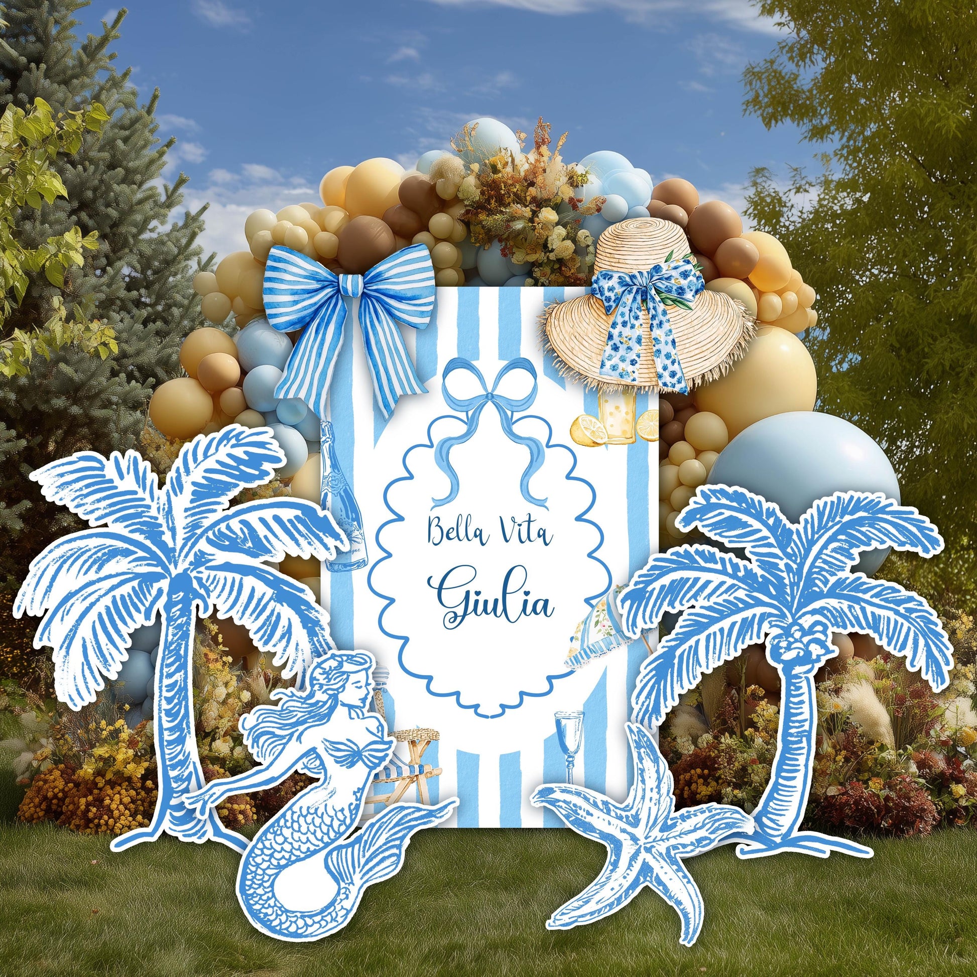Mediterranean Birthday Cutouts (Palms & Seahorse), Amalfi Coast Bridal Shower Decor, Baby Shower, Bachelorette Backdrop