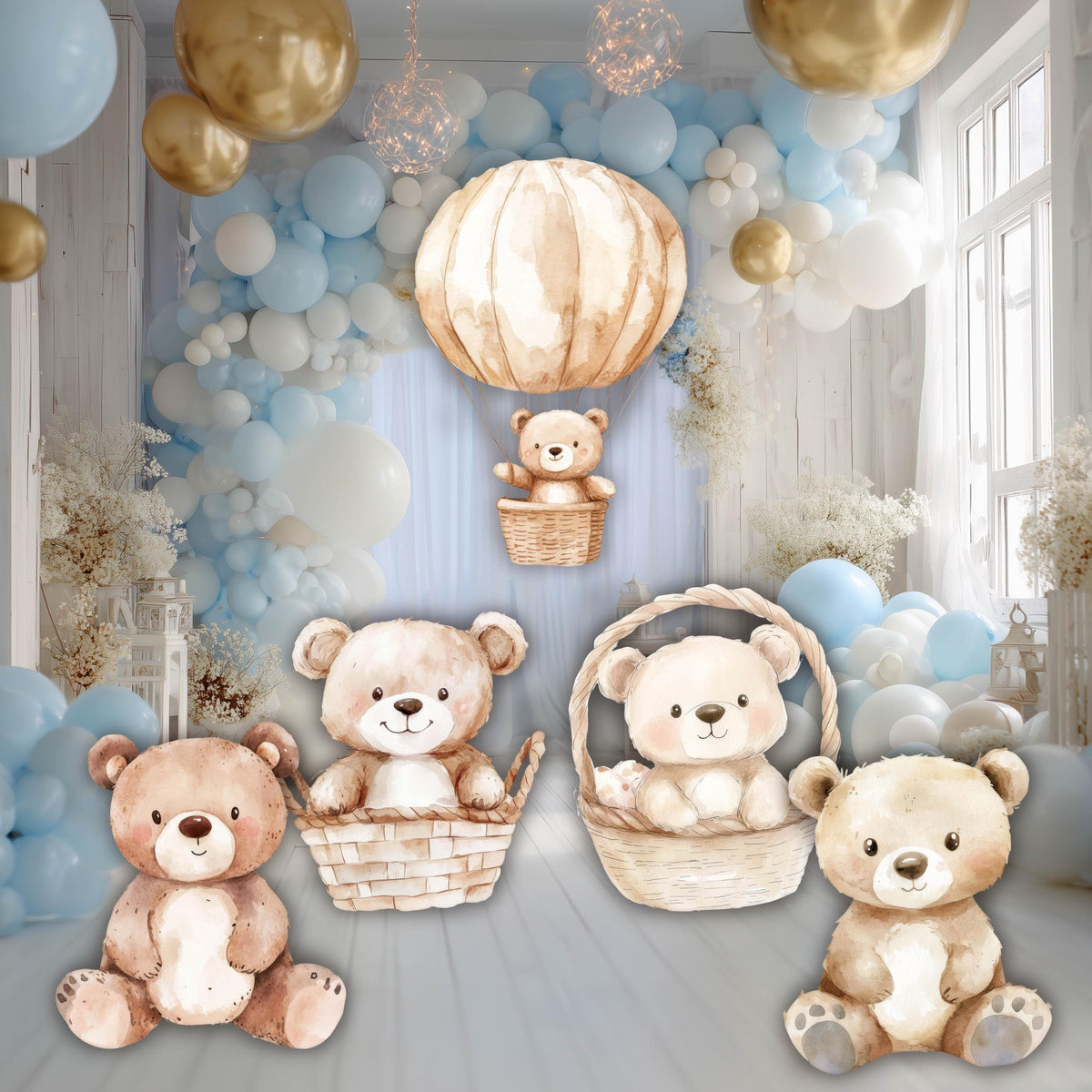 Boho Teddy Bear Cutouts, Neutral Bear Baby Shower, First Birthday, Party Props, Hot Air Balloon