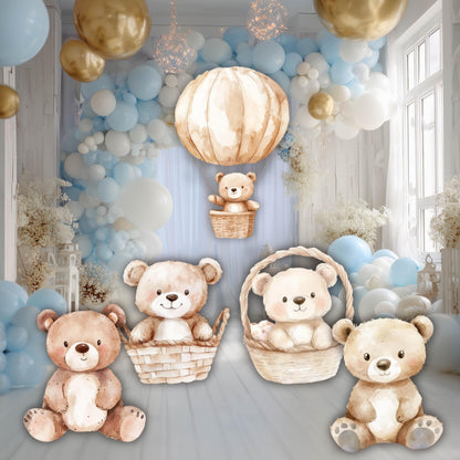 Boho Teddy Bear Cutouts, Neutral Bear Baby Shower, First Birthday, Party Props, Hot Air Balloon