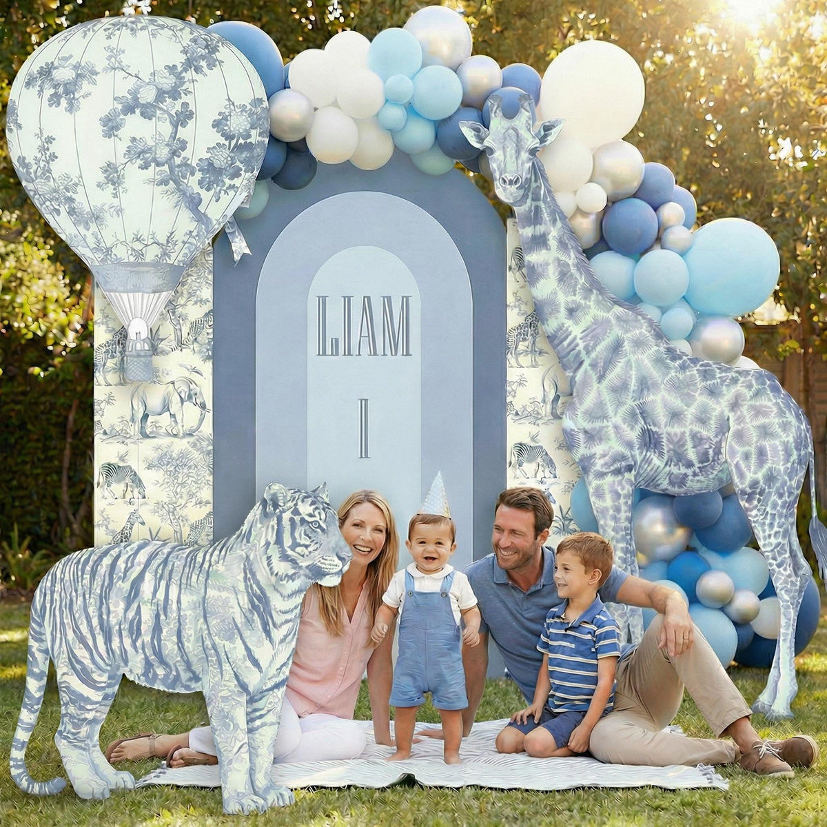 Blue Toile Safari Animals Cutouts, Chinoiserie Birthday, Toile de Jouy Backdrop, Baby Shower Decor