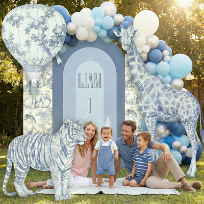 Blue Toile Safari Animals Cutouts, Chinoiserie Birthday, Toile de Jouy Backdrop, Baby Shower Decor