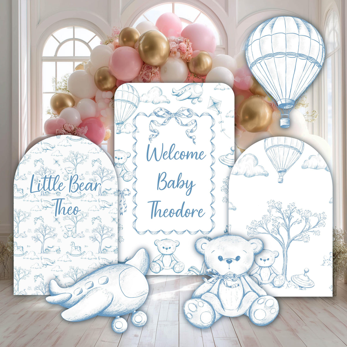 Blue Toile Teddy Bear Cutouts (Three-Arch Name Set), Chinoiserie Birthday, Toile de Jouy Backdrop, Baby Shower Decor, Teddy Bear