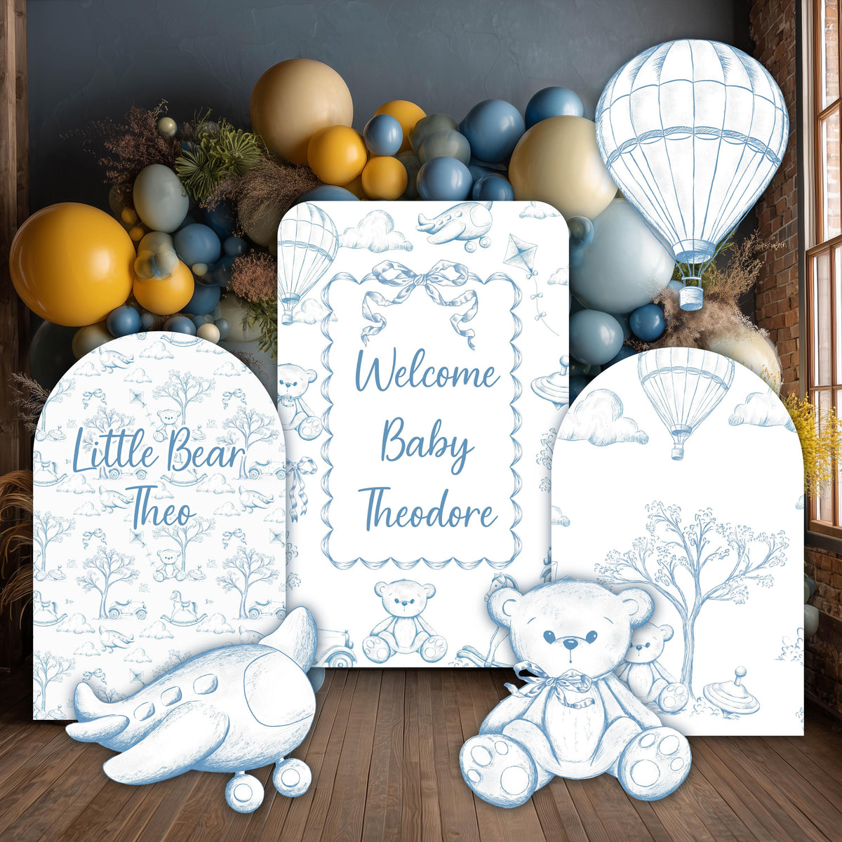 Blue Toile Teddy Bear Cutouts (Three-Arch Name Set), Chinoiserie Birthday, Toile de Jouy Backdrop, Baby Shower Decor, Teddy Bear