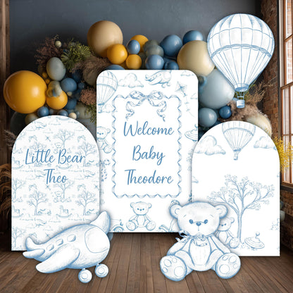 Blue Toile Teddy Bear Cutouts (Three-Arch Name Set), Chinoiserie Birthday, Toile de Jouy Backdrop, Baby Shower Decor, Teddy Bear