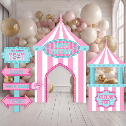 Pastel Pink Circus Party Cutouts, Carnival Baby Shower, Girls 1st Birthday Decor, Circus Tent, Photo Booth Frame, Custom Sign