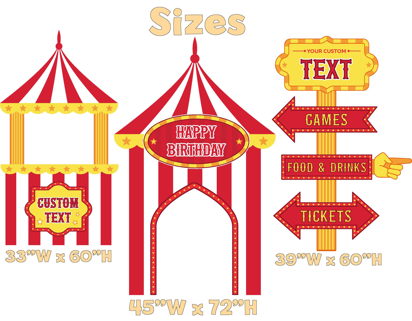 Red Circus Party Cutouts (Big Top & Signposts), Carnival Baby Shower, 1st Birthday Decor, Circus Tent, Photo Booth Frame, Custom Sign