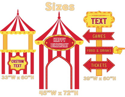 Red Circus Party Cutouts (Big Top & Signposts), Carnival Baby Shower, 1st Birthday Decor, Circus Tent, Photo Booth Frame, Custom Sign