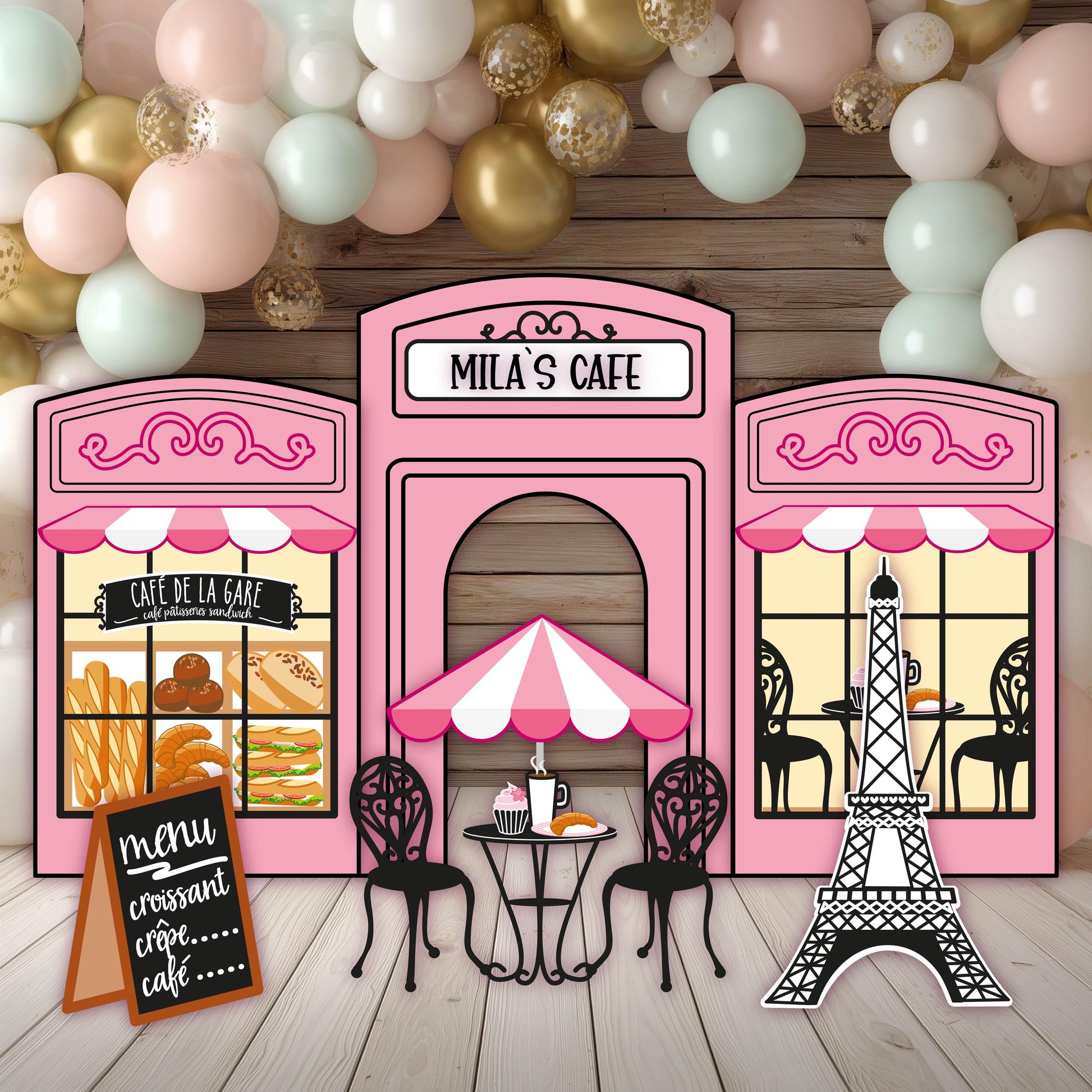 French Cafe Cutouts (Bakery & Eiffel Tower), Eiffel Tower, Bakery Shop, Sweet Shop Props, Paris Baby Shower, Dessert Shop, Patisserie Party Backdrop