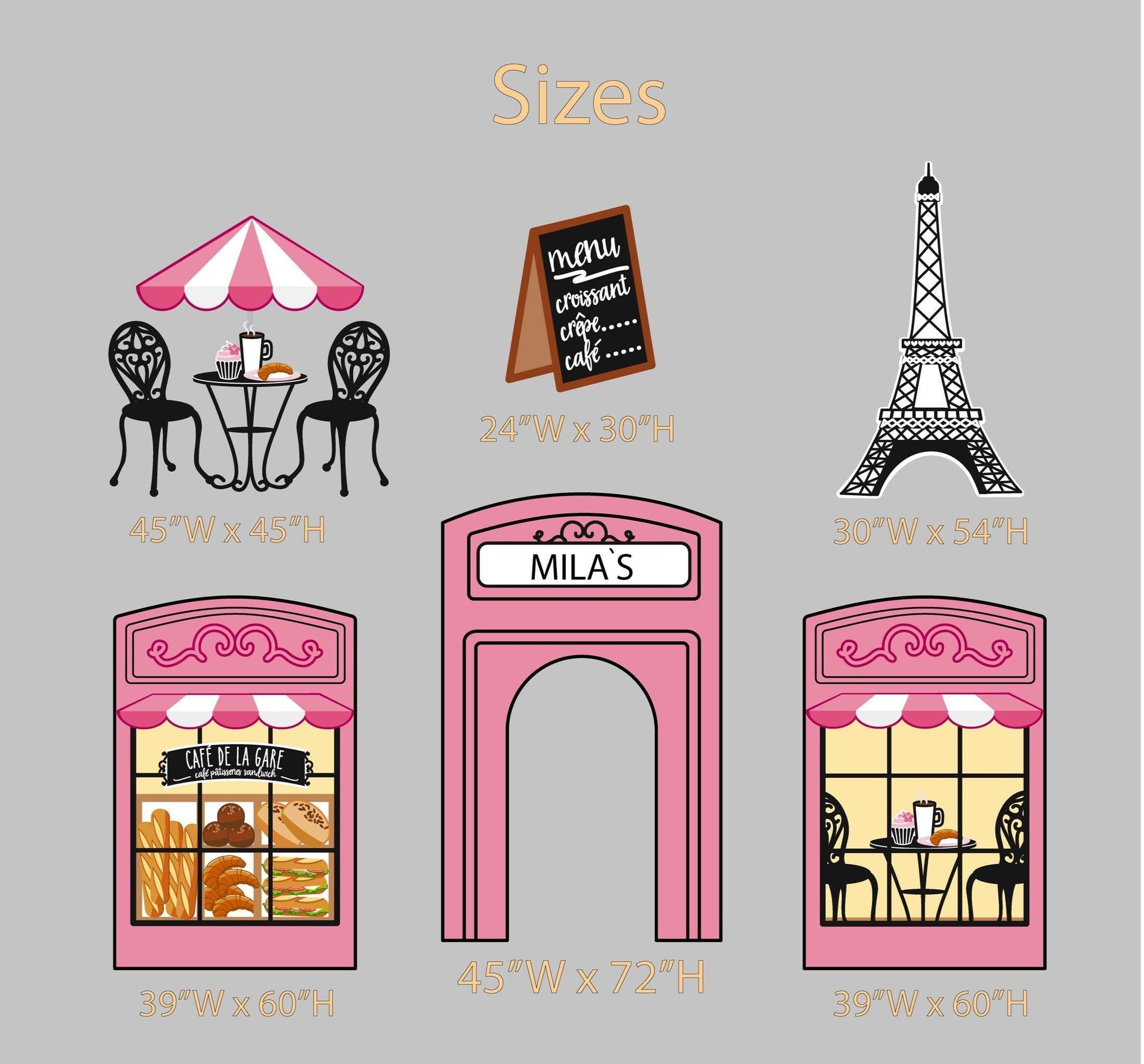 French Cafe Cutouts (Bakery & Eiffel Tower), Eiffel Tower, Bakery Shop, Sweet Shop Props, Paris Baby Shower, Dessert Shop, Patisserie Party Backdrop