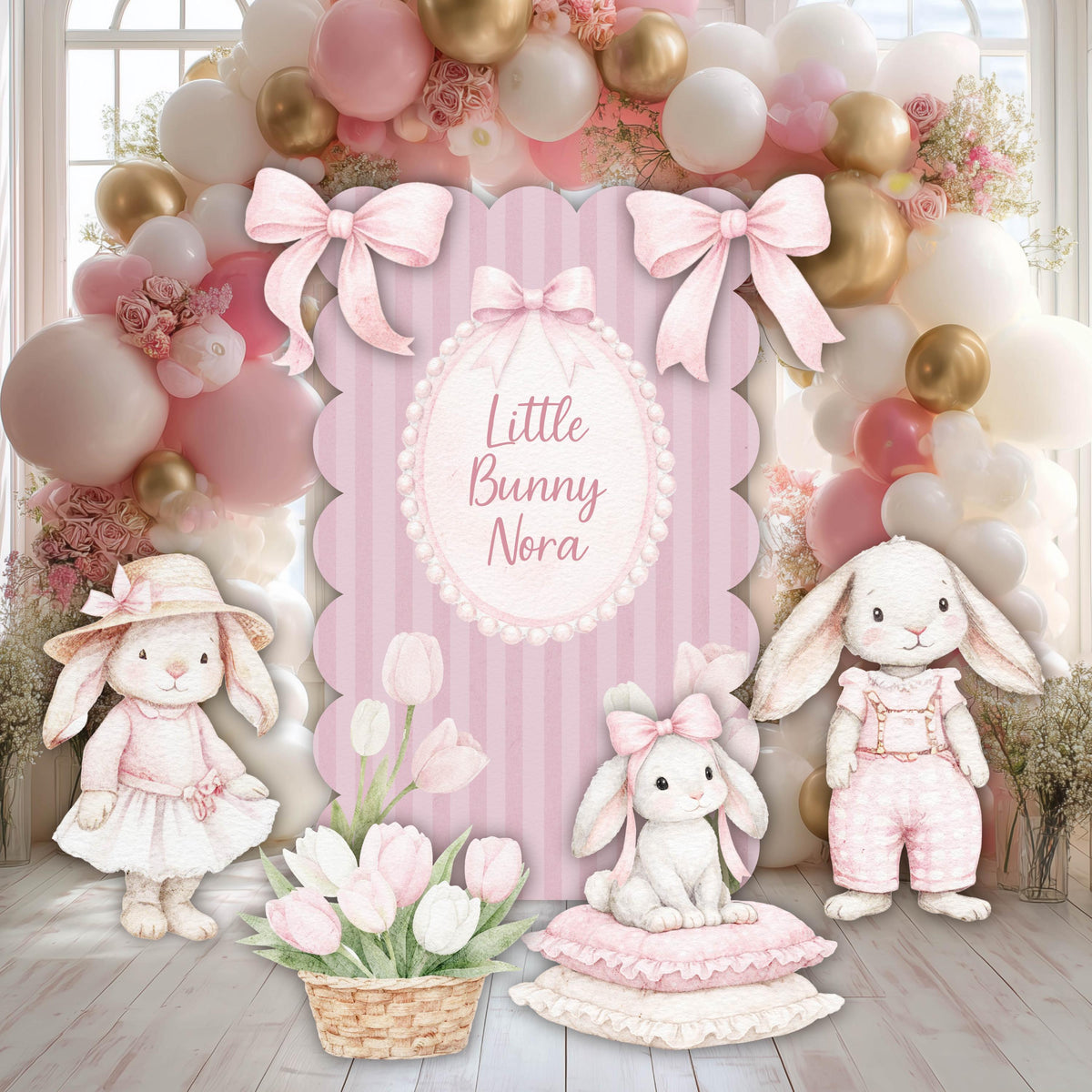 Pink Bunny Cutouts, Storybook Baby Shower, Backdrop, Baby Girl, Cottagecore Spring, 1st Birthday