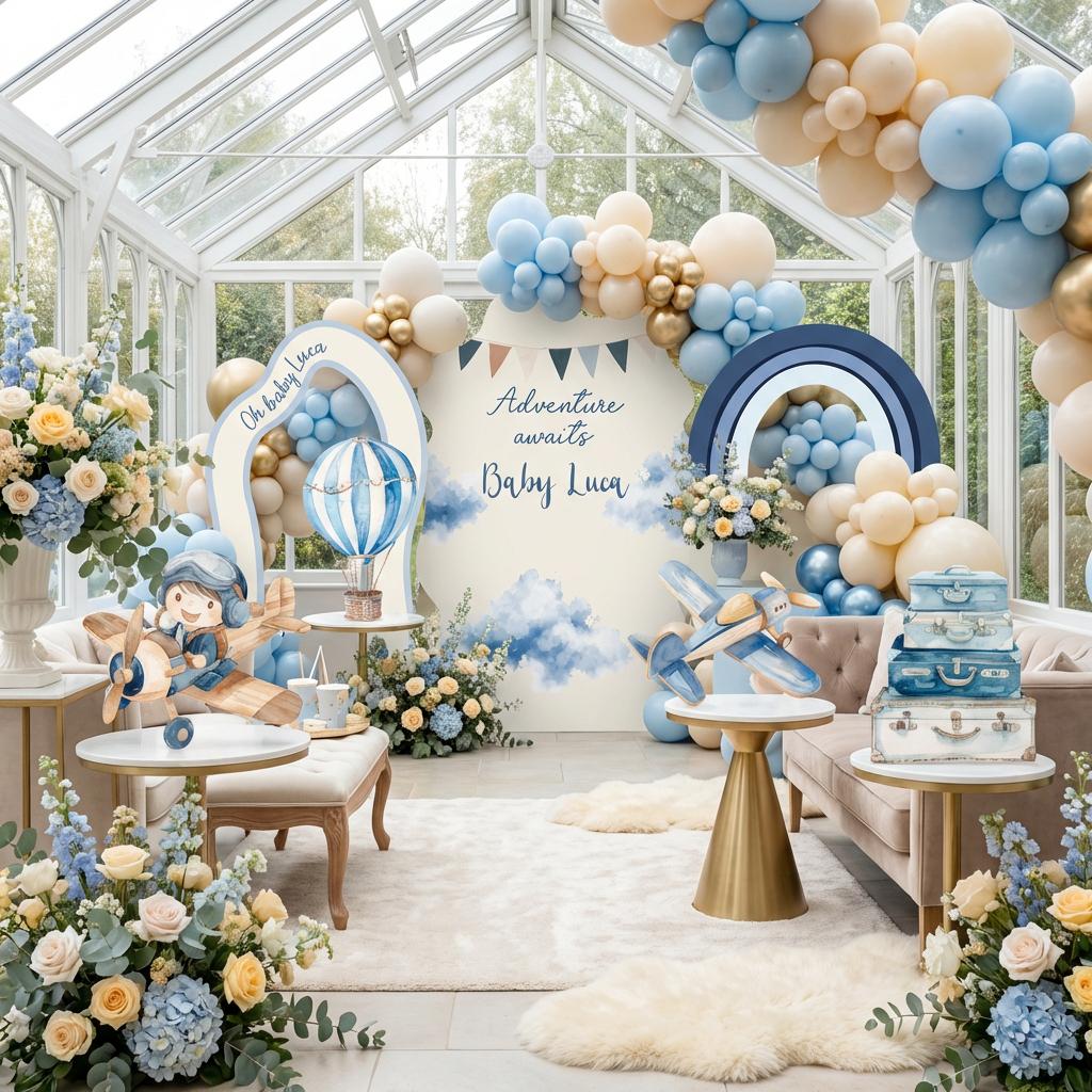 Blue Aviator Cutout (Cloud & Rainbow), Time flies, Adventure Baby Shower, Hot Air Balloon, Airplane Backdrop, Birthday Decor, Baby Boy, Centerpieces