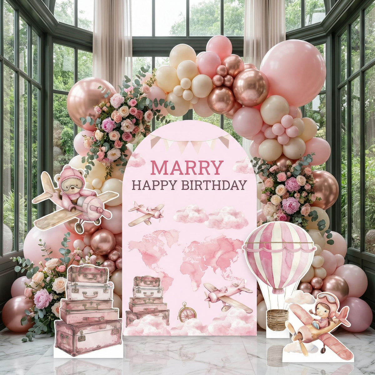 Pink Aviator Bear Cutout, Girls Travel Birthday, Time Flies, Adventure Awaits, Baby Shower, Welcome Sign, Hot Air Balloon, Aeroplane, Props