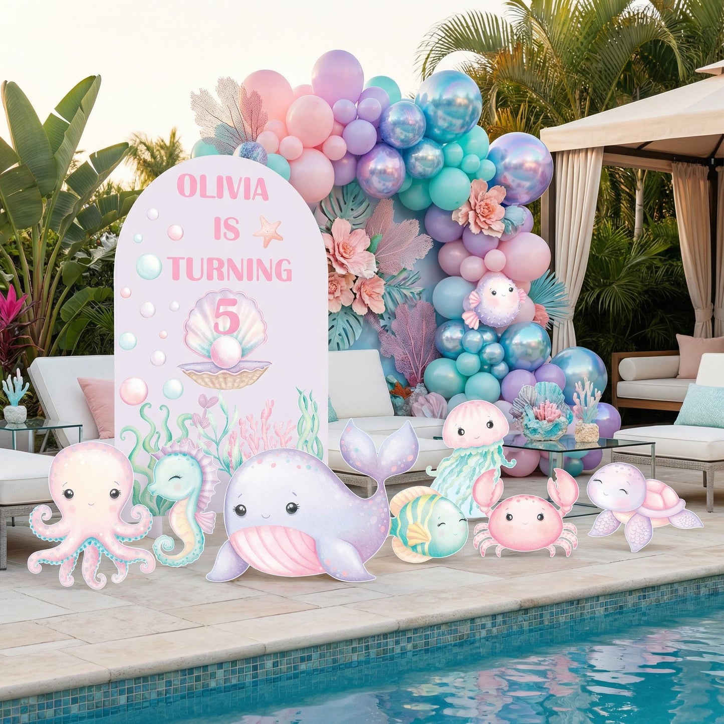 Pastel Sea Animals Cut Out Set, Under the Sea Party, Ocean Animals Props, Baby Shower, Signs, Watercolor Whale Backdrop, Underwater Party