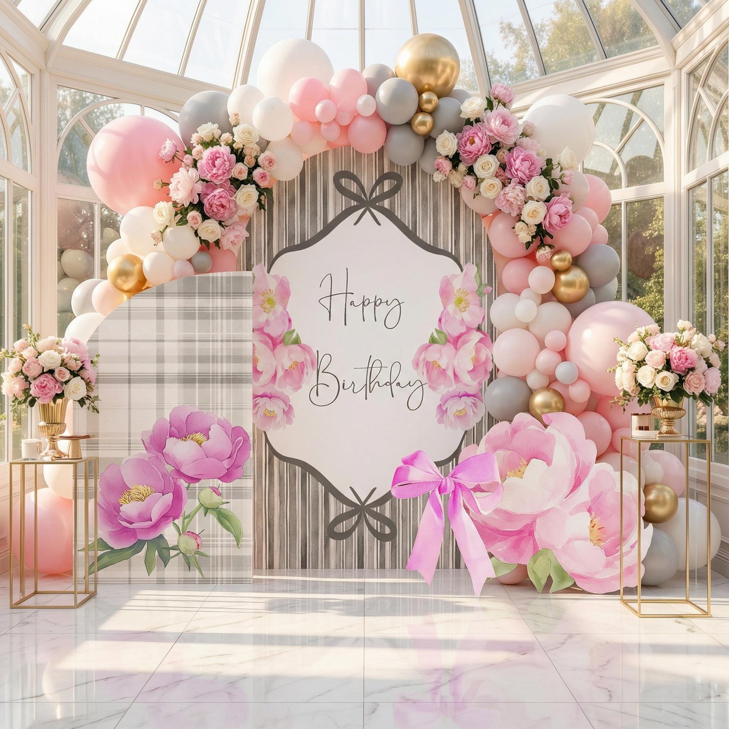 Floral Arch Backdrop — custom party decor, printed and cut to shape
