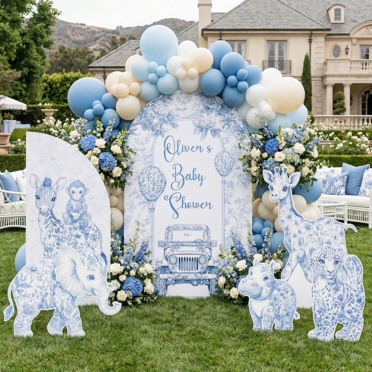 Blue Toile Safari Animals Cutouts, Chinoiserie Birthday Sign, Toile de Jouy Backdrop, Blue Safari Toile Baby Shower Decor, Safari Truck Prop
