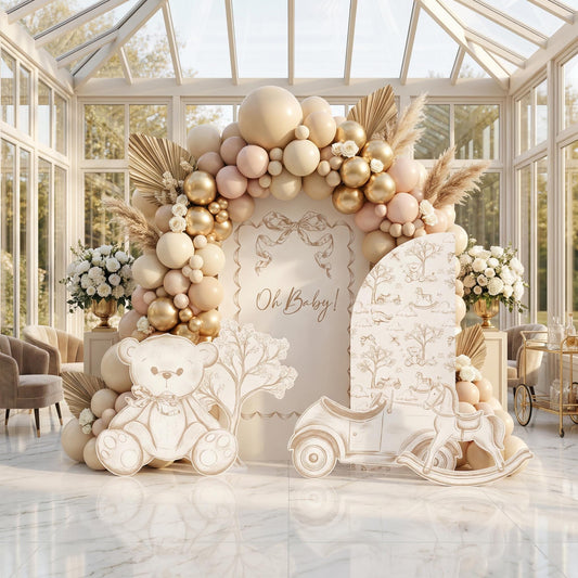Beige Toile Teddy Bear Cutout — custom party decor, printed and cut to shape
