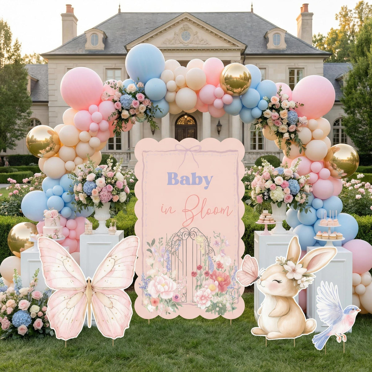 Cute Bunny with Flowers Cutouts — custom party decor, printed and cut to shape