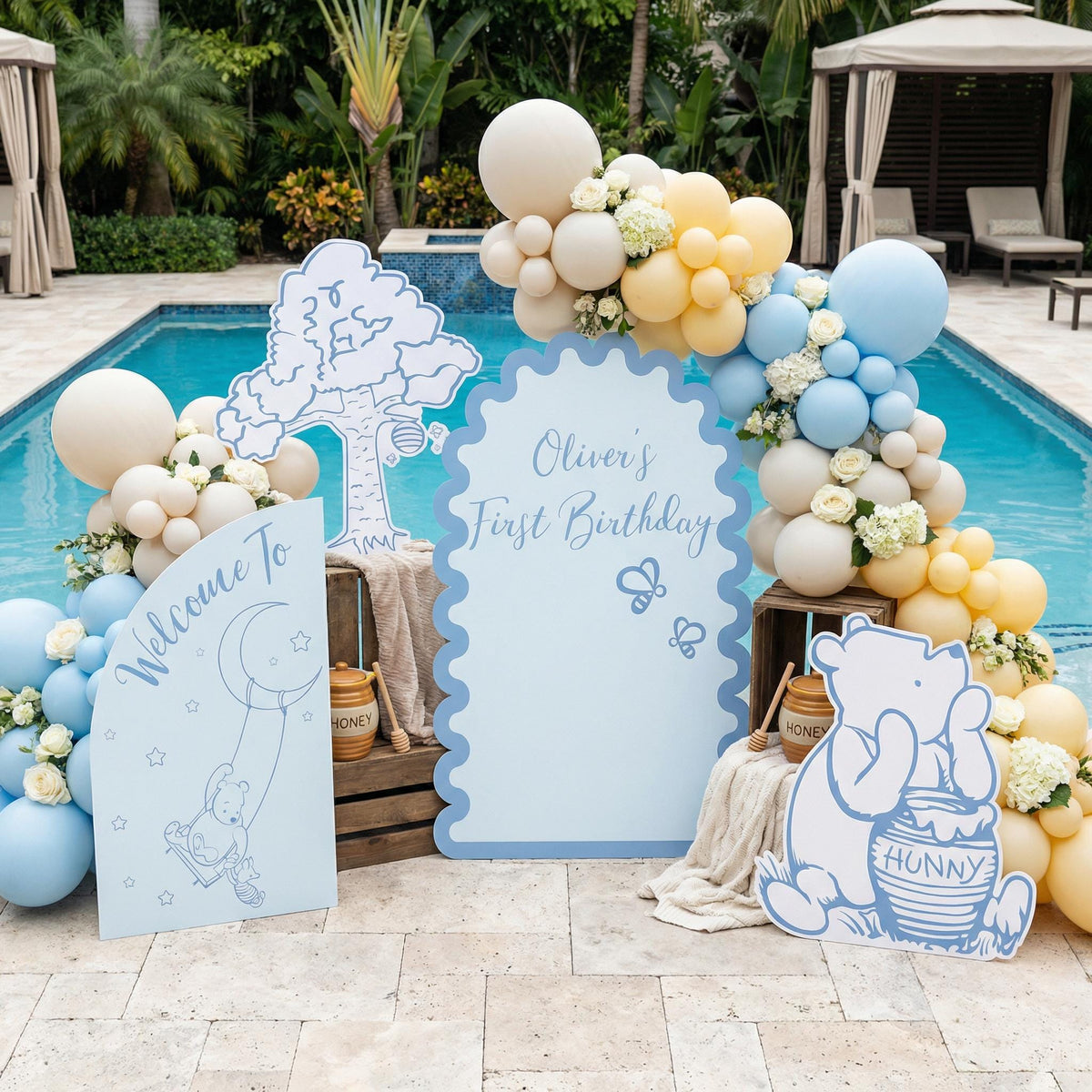 Classic Honey Bear Blue Outline Cutouts, Blue Baby Shower, Backdrop, Baby Boy, Honey Bear Line Art, 1st Birthday