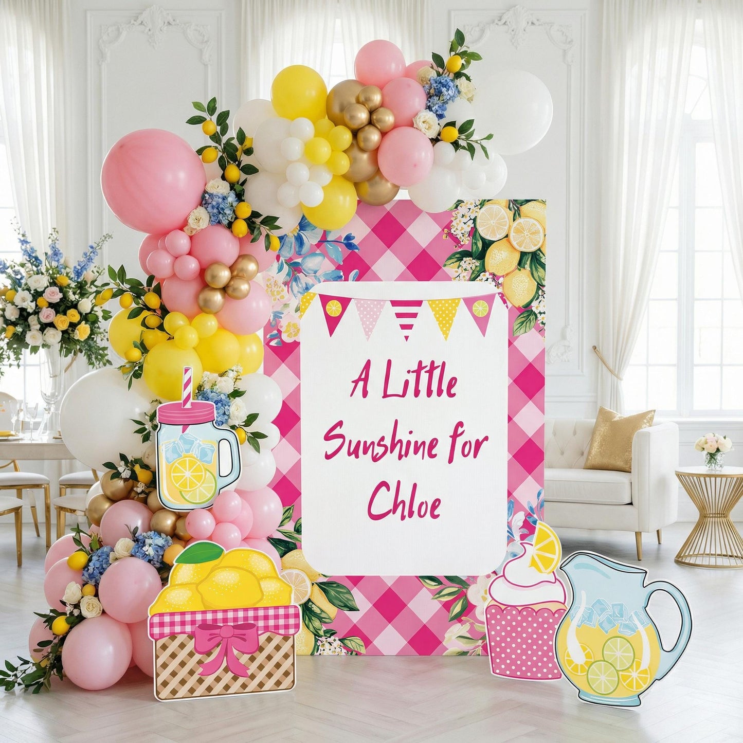Lemonade Party Cutouts (Pink Gingham), Main Squeeze, Backdrop, Two Sweet Birthday, Pink Lemonade Decor, Baby Shower, Summer Party, Lemonade Stand