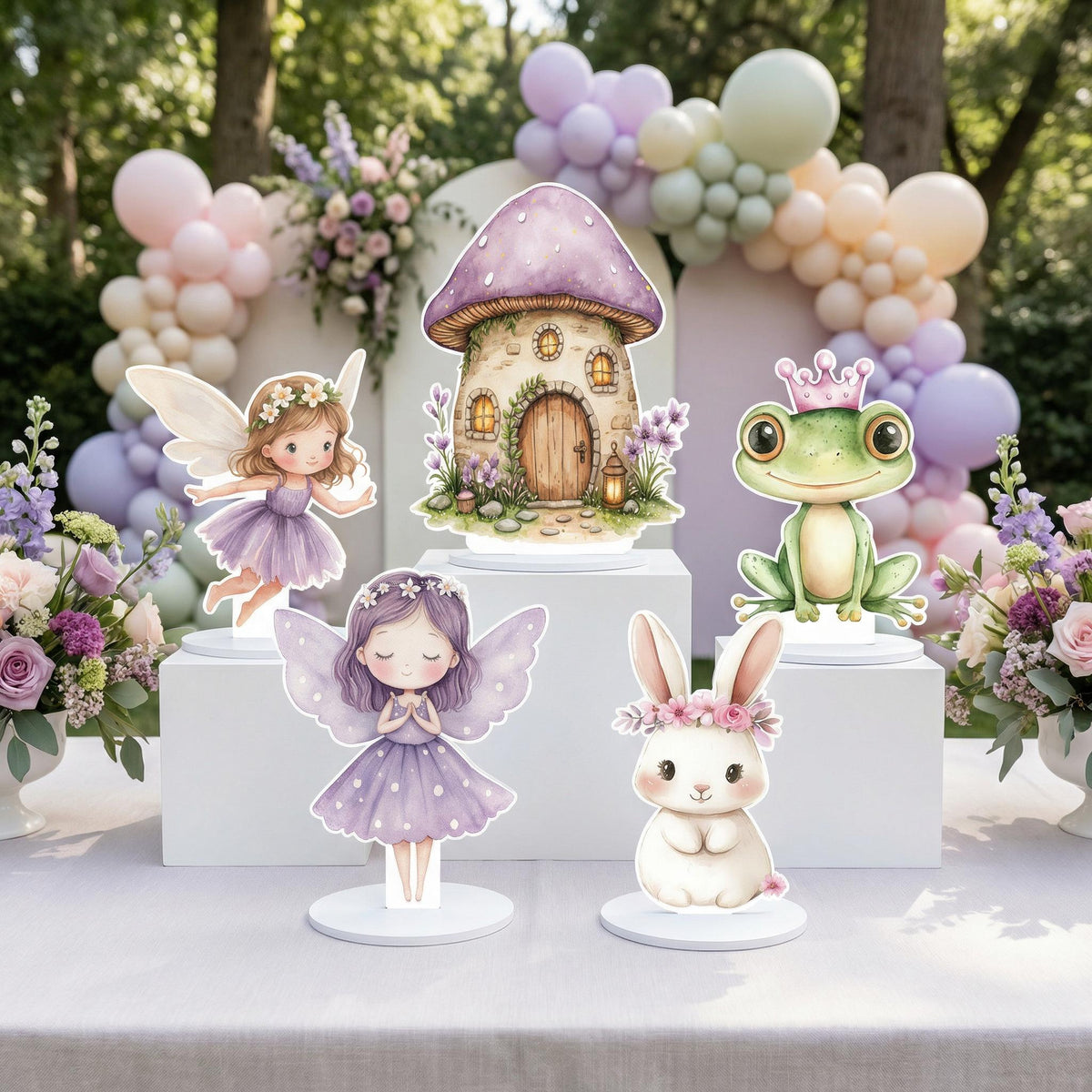 Purple Fairy Double-Sided Table Centerpieces Set 5 — custom party decor, printed and cut to shape