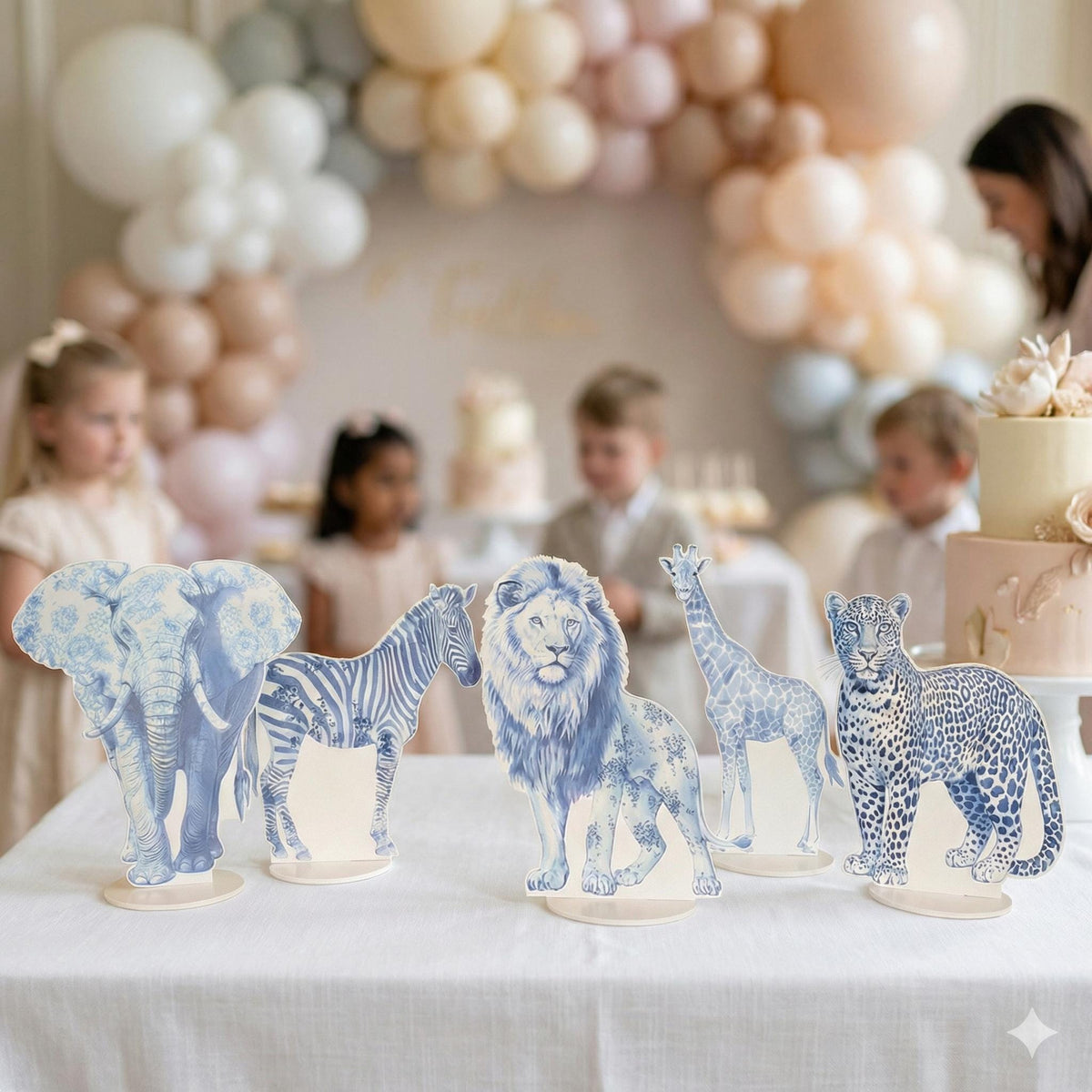 Blue Toile Safari Animals Double-Sided Table Centerpieces Set 5, Jungle Baby Shower, Nursery Decor, Table Decor, Birthday Decorations