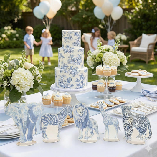 Blue Toile Safari Animals Double-Sided Table Centerpieces Se — custom party decor, printed and cut to shape