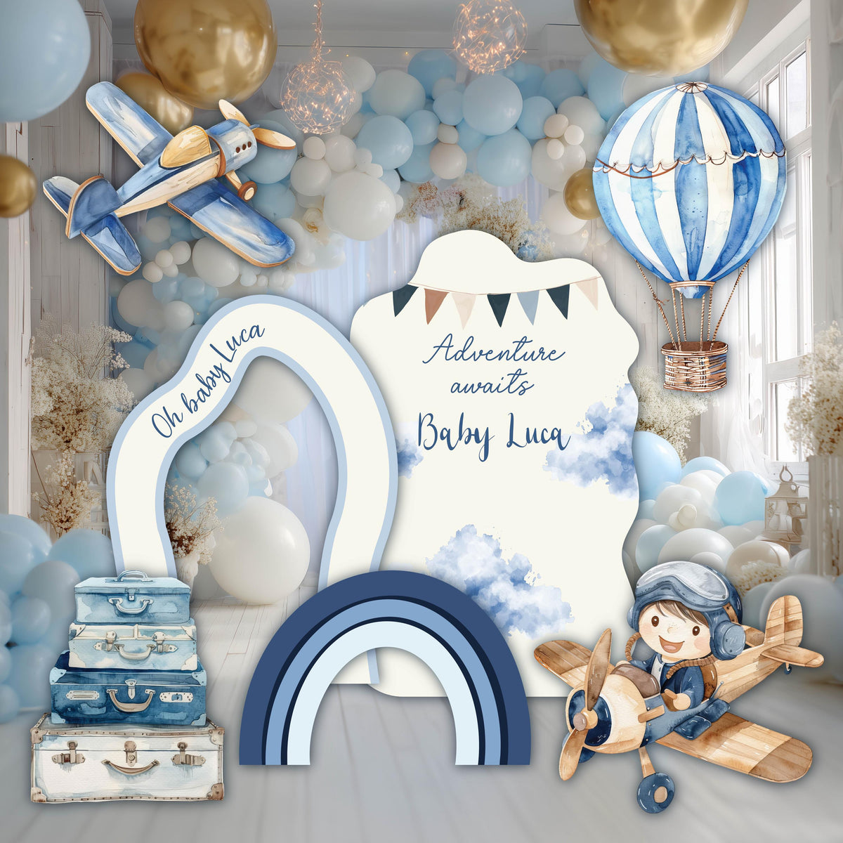 Blue Aviator Cutout (Cloud & Rainbow), Time flies, Adventure Baby Shower, Hot Air Balloon, Airplane Backdrop, Birthday Decor, Baby Boy, Centerpieces