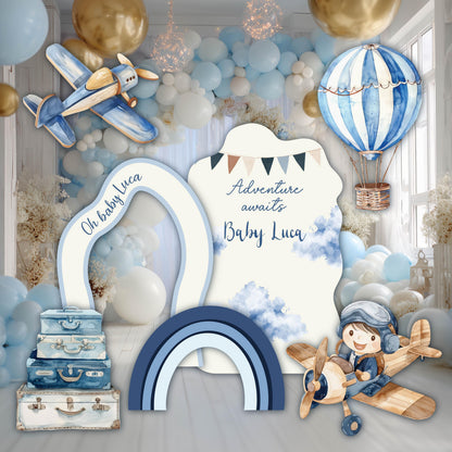 Blue Aviator Cutout (Cloud & Rainbow), Time flies, Adventure Baby Shower, Hot Air Balloon, Airplane Backdrop, Birthday Decor, Baby Boy, Centerpieces