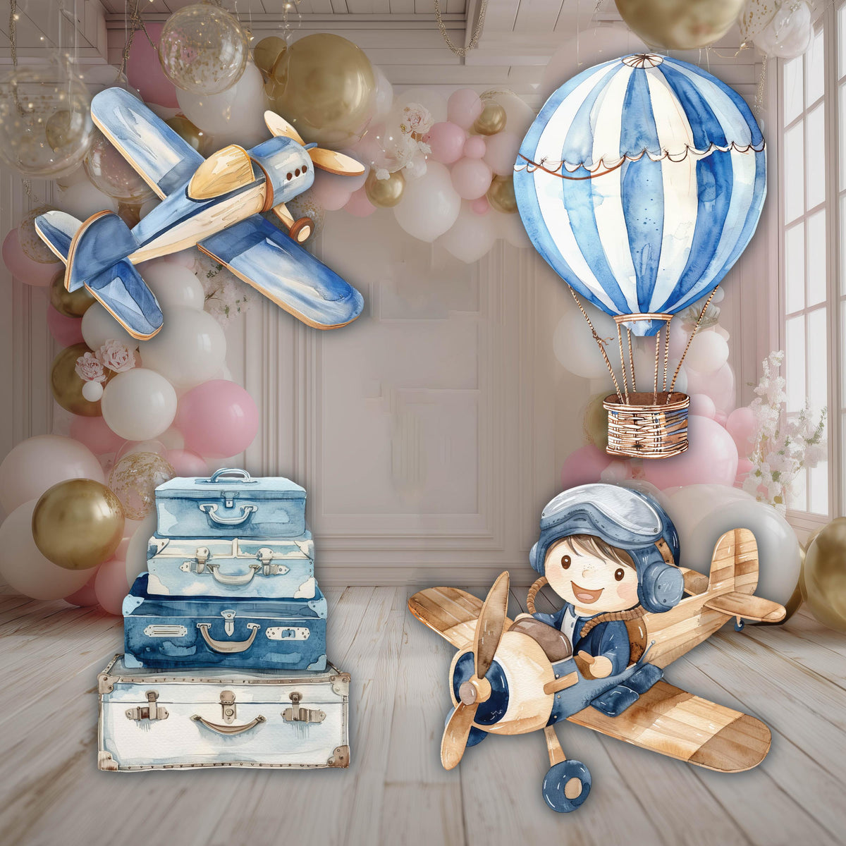Blue Aviator Cutout (Two Planes), Time flies, Adventure Baby Shower, Watercolor Hot Air Balloon, Airplane Backdrop, Birthday Decor,Baby Boy,Centerpieces