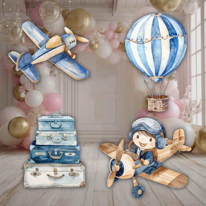 Blue Aviator Cutout (Two Planes), Time flies, Adventure Baby Shower, Watercolor Hot Air Balloon, Airplane Backdrop, Birthday Decor,Baby Boy,Centerpieces