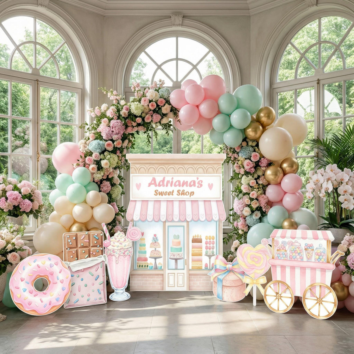 Candyland Cutouts Decor (Sweet Shop Storefront), Candy Shop Backdrop, Two Sweet Birthday, Ice Cream Baby Shower, Lollipop, Donuts, Candy Theme Decor, Sweet Store