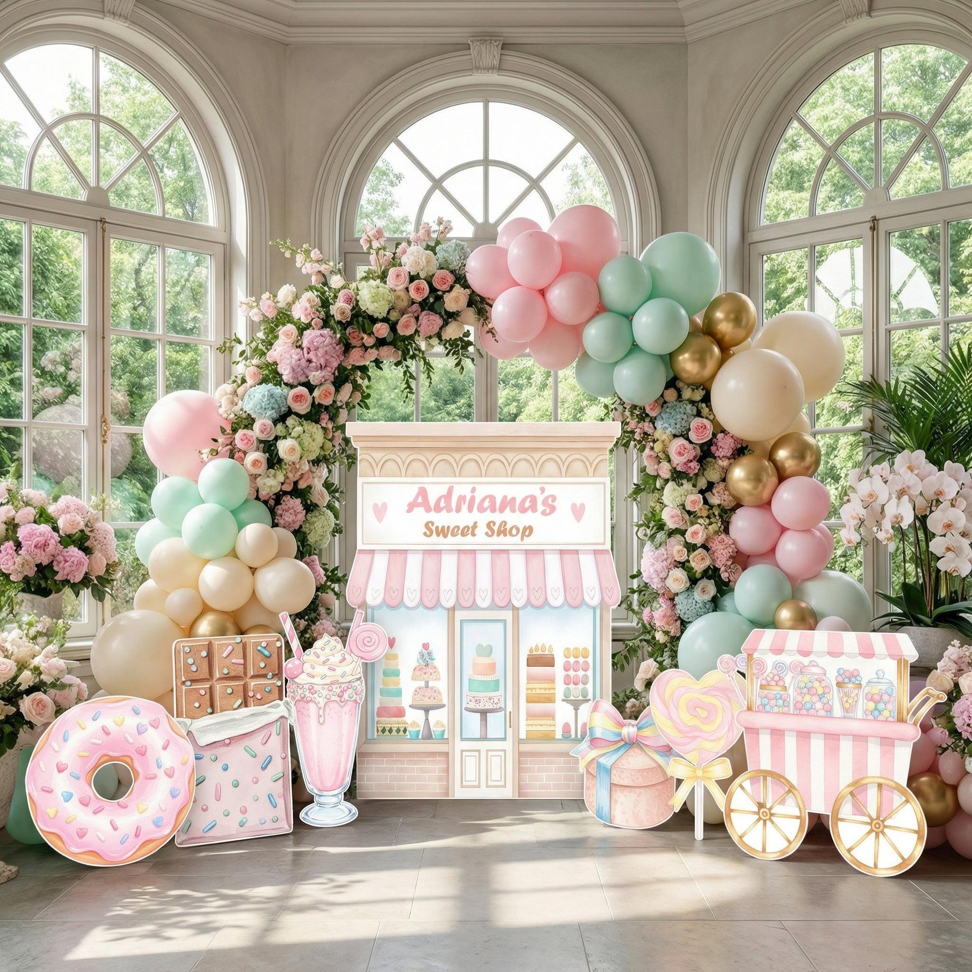 Candyland Cutouts Decor (Sweet Shop Storefront), Candy Shop Backdrop, Two Sweet Birthday, Ice Cream Baby Shower, Lollipop, Donuts, Candy Theme Decor, Sweet Store