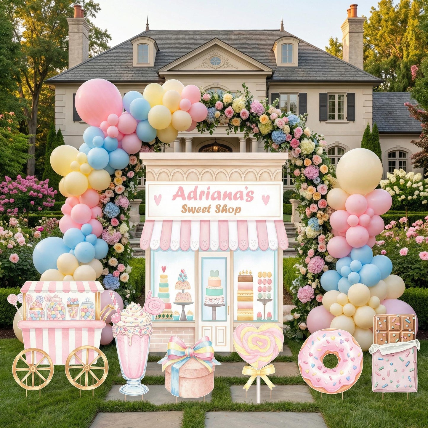 Candyland Cutouts Decor (Sweet Shop Storefront), Candy Shop Backdrop, Two Sweet Birthday, Ice Cream Baby Shower, Lollipop, Donuts, Candy Theme Decor, Sweet Store