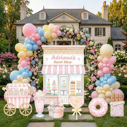 Candyland Cutouts Decor (Sweet Shop Storefront), Candy Shop Backdrop, Two Sweet Birthday, Ice Cream Baby Shower, Lollipop, Donuts, Candy Theme Decor, Sweet Store
